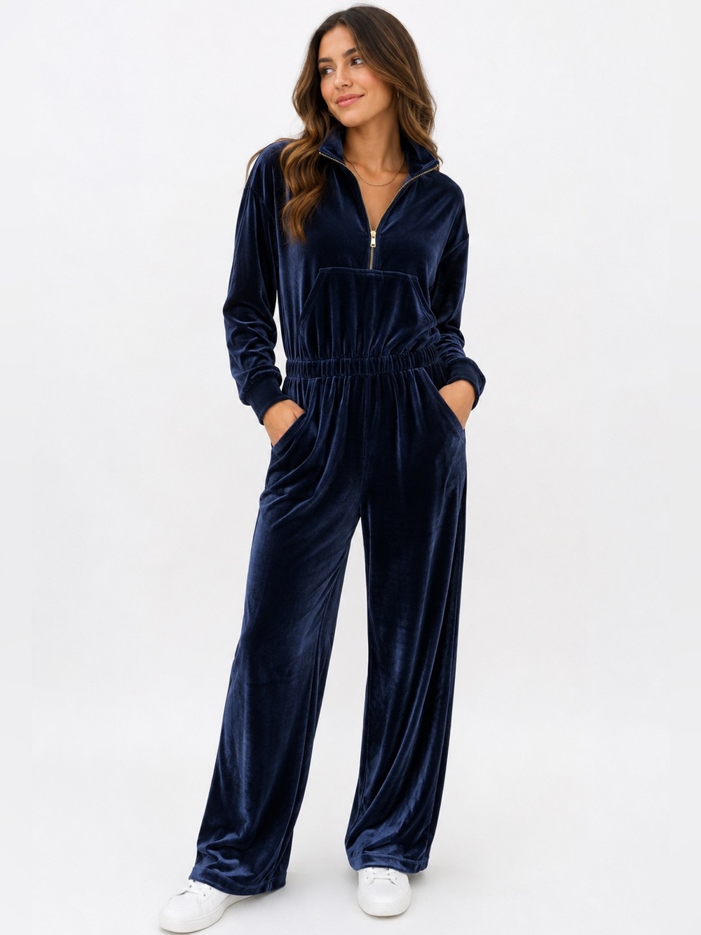 Fabletics Navy Blue Velvet Half Zip Wide Leg Jumpsuit Women’s XL